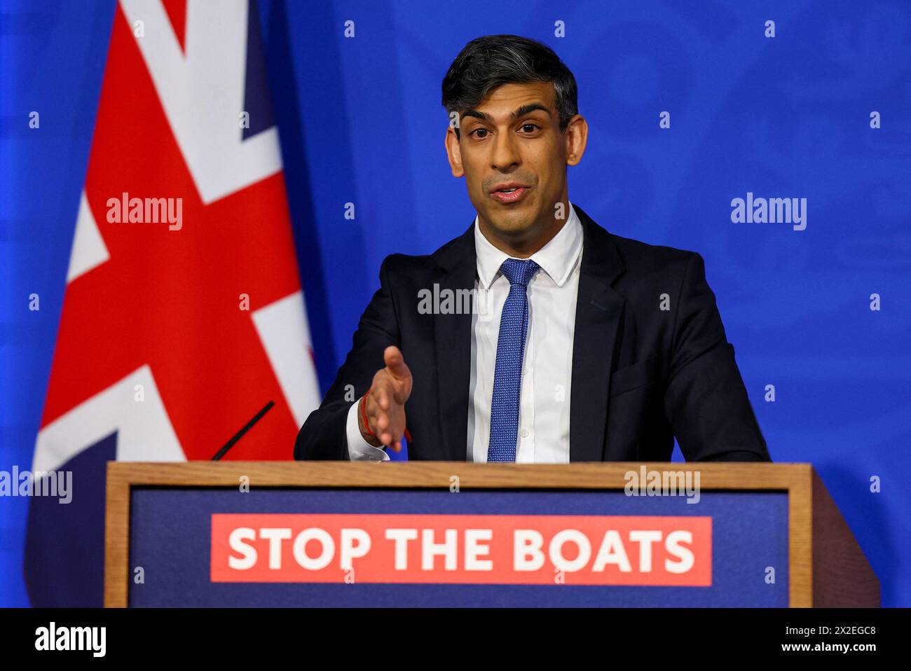 Prime Minister Rishi Sunak speaks during a press conference in Downing Street, London. Mr Sunak will urge peers to back his Rwanda plan ahead of crunch votes on the legislation aimed at making the plan to send asylum seekers on a one-way trip to Rwanda legally watertight. Picture date: Monday April 22, 2024. Stock Photo