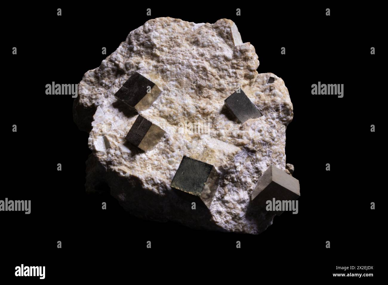 Pyrite cubic crystals on matrix, striking Stock Photo