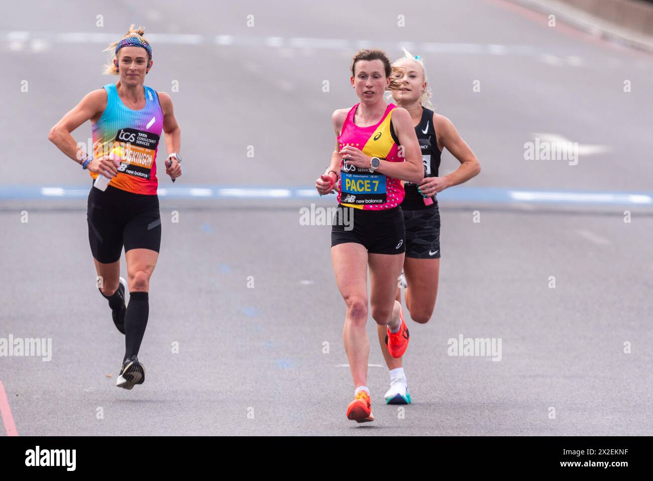 Rachel Hodgkinson competing in the TCS London Marathon 2024 passing through Tower Hill, London, UK. Stock Photo