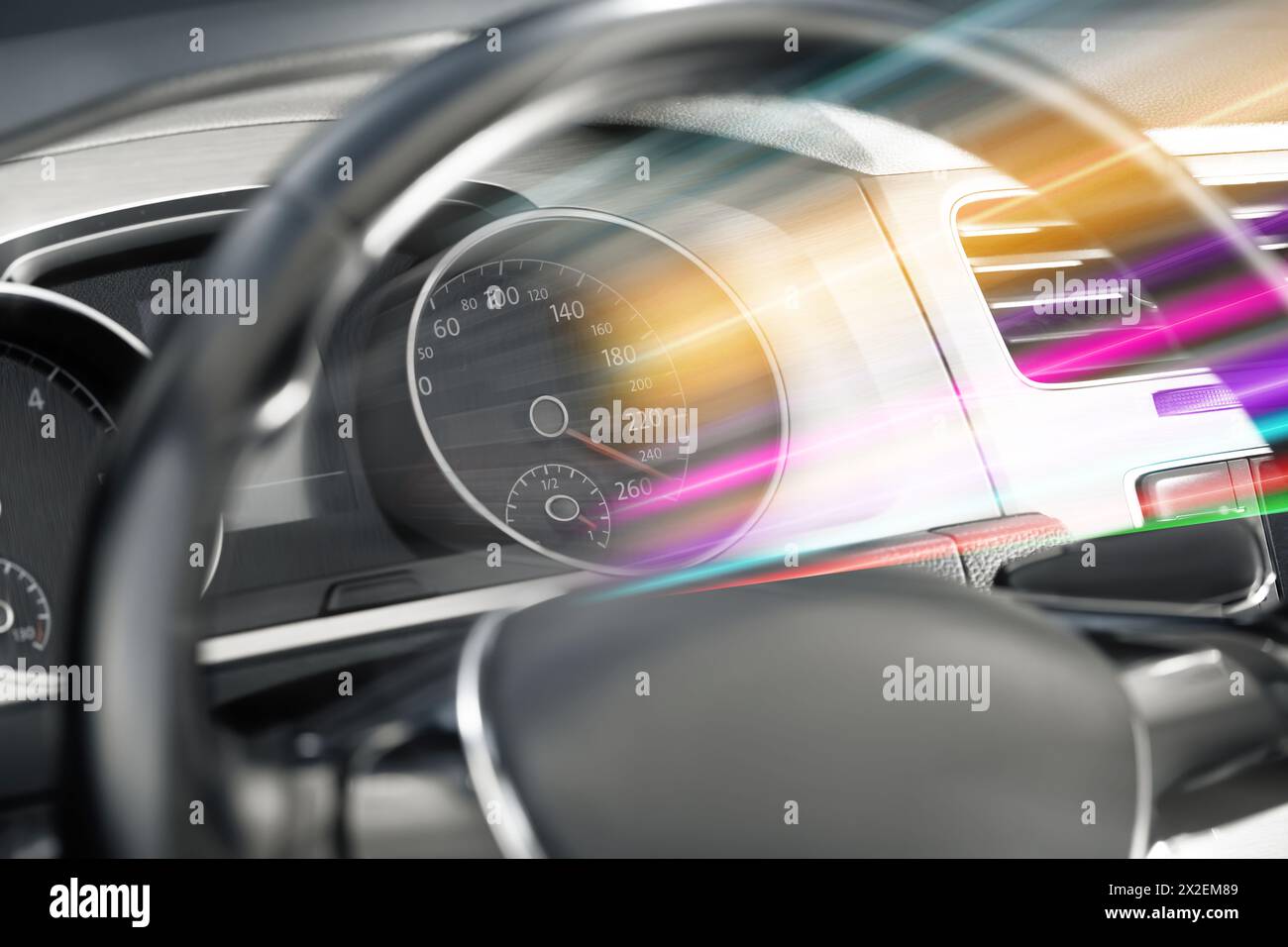 Speedometer behind steering wheel in car, motion blur effect Stock ...
