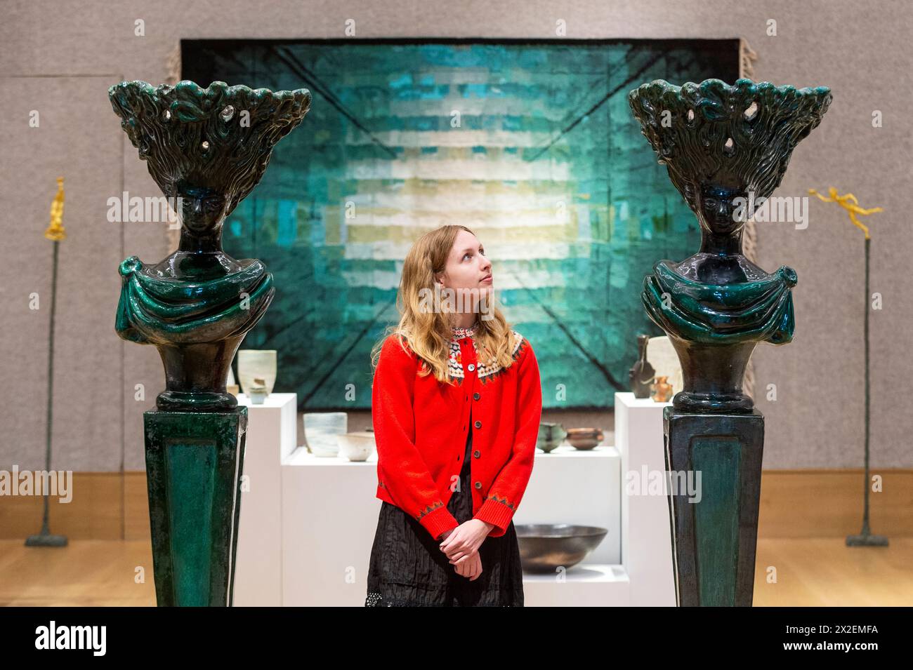 London, UK. 22 April 2024. A staff member with ‘A pair of Caryatides ...