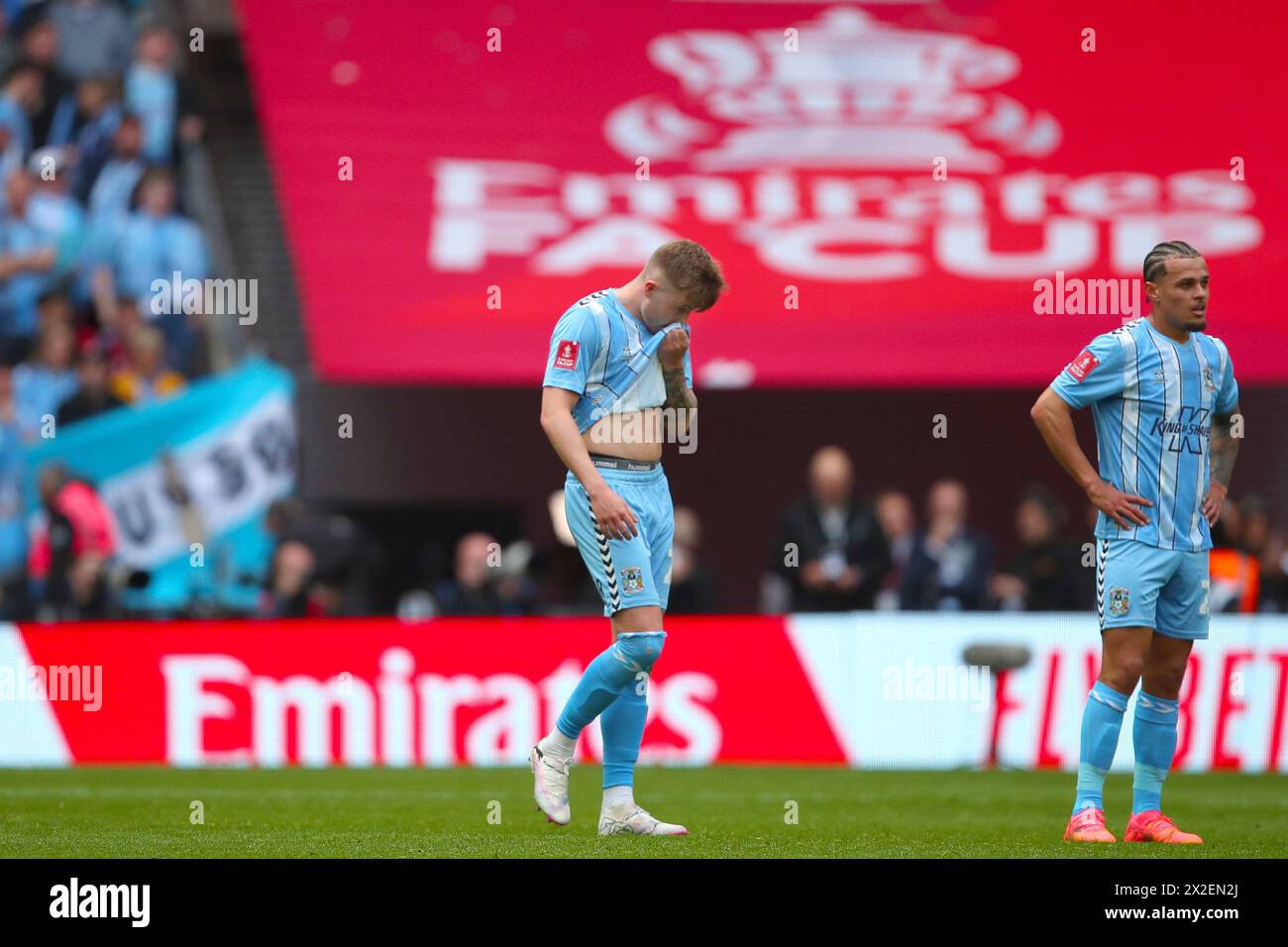 Josh Eccles and Joel Latibeaudiere of Coventry City look dejected - Coventry City v Manchester United, The Emirates FA Cup Semi Final, Wembley Stadium, London, UK - 21st April 2024 Stock Photo