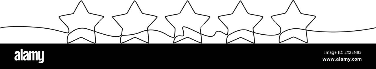 continuous single line drawing of five stars in a row, line art vector illustration Stock Vector