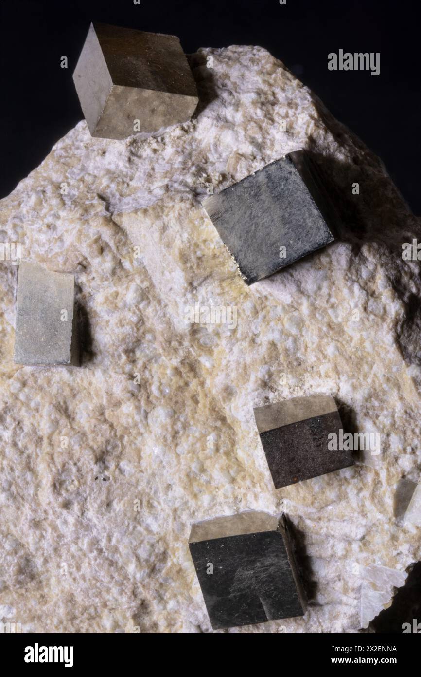 Pyrite cubic crystals on matrix, striking Stock Photo