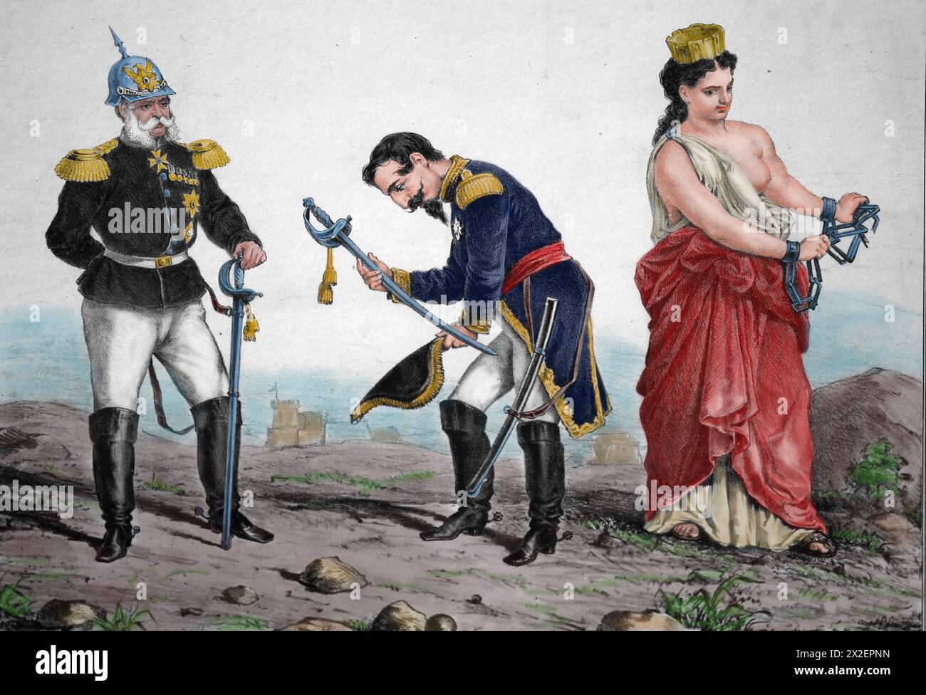 France, Prussia and Italy. Roman question. Punished pride. Litography. 19th century. Stock Photo