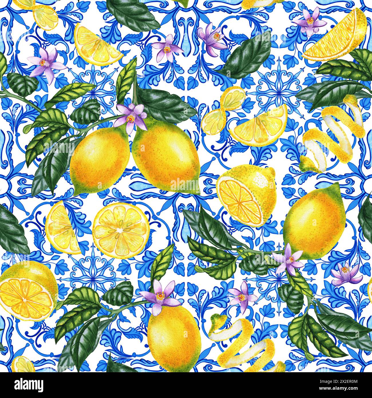 Mediterranean seamless pattern. Blue majolica tiles and yellow lemons endless background. Sicilian traditional print for fabric and wallpaper. Blue az Stock Photo