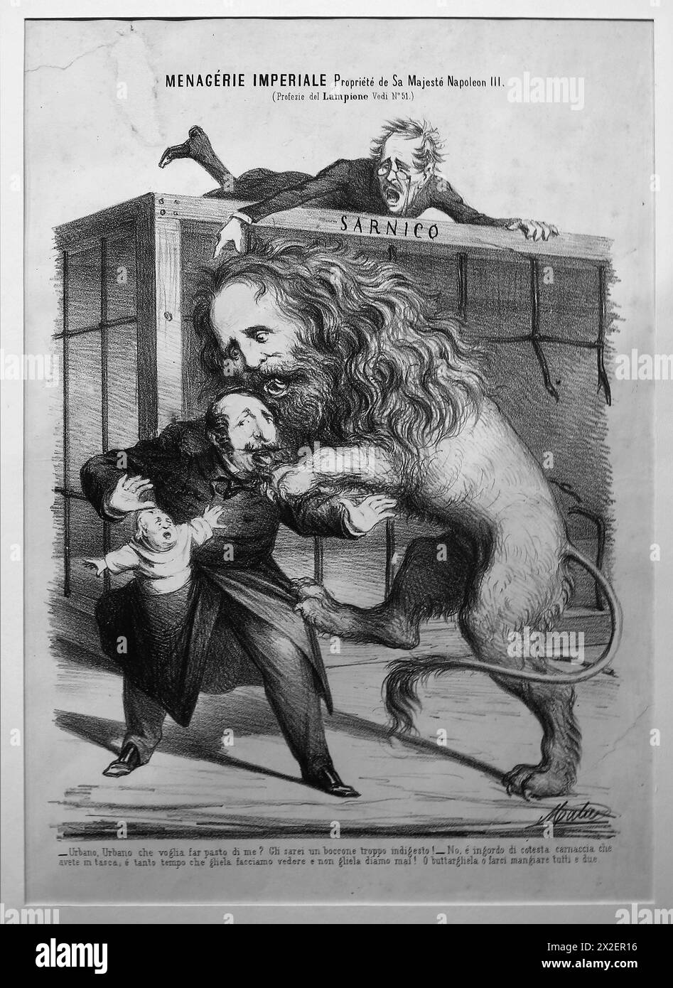 Italy. Risorgimento. Roman question. The lion Garibaldi savages Napoleon III. Lithography by A. Matarelli,  19th century. Stock Photo