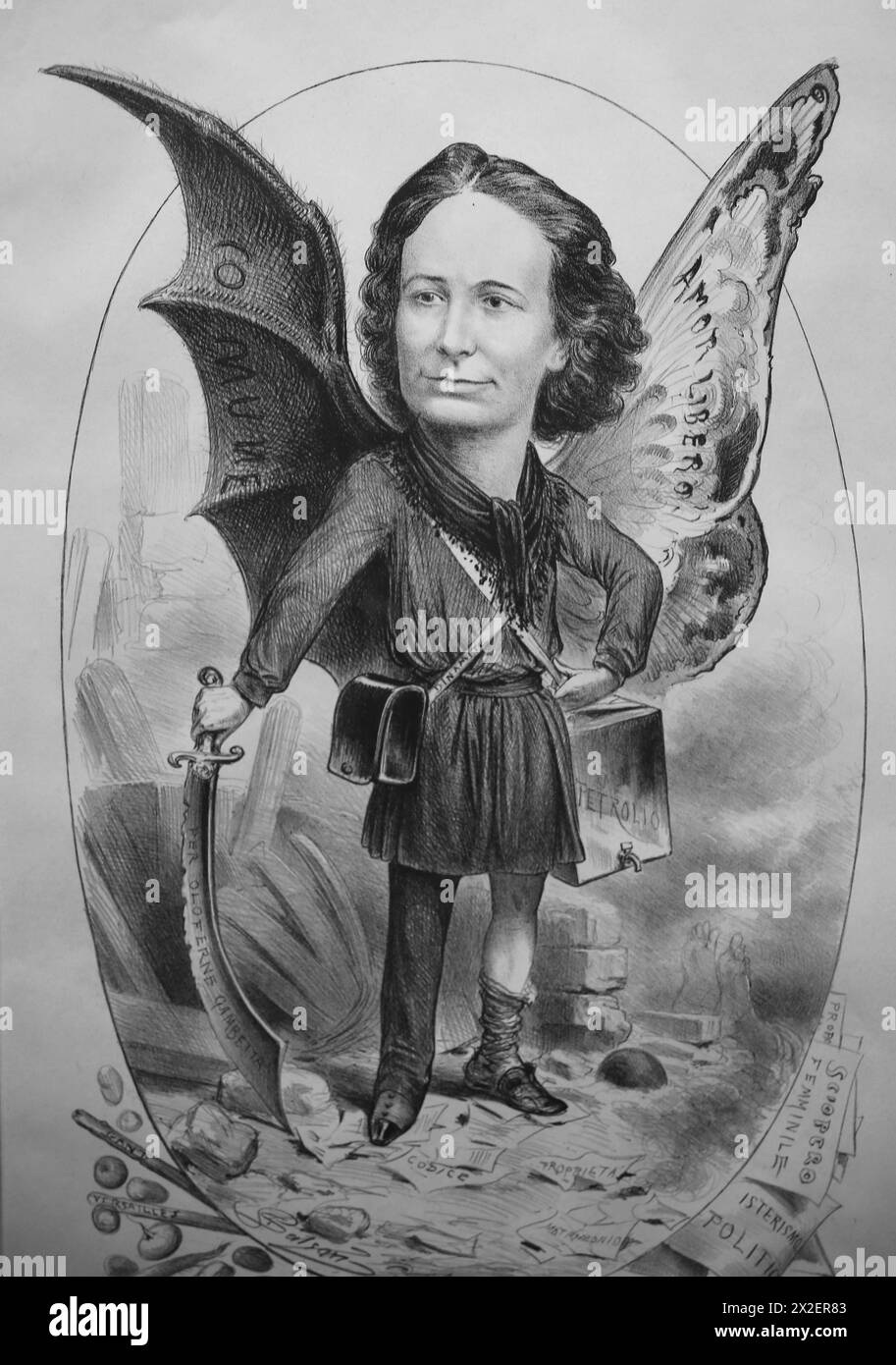 Political satire. The Paris Commune. Caricature of Louise Michel (1830-1905), heroine of the Commune. Lithography by Dalsani. 19th century. Stock Photo