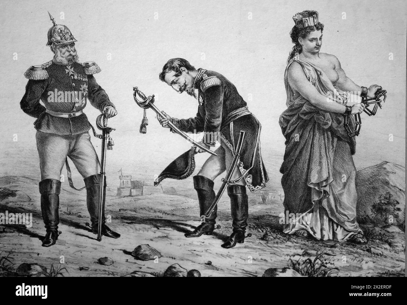 France, Prussia and Italy. Roman question. Punished pride. Litography. 19th century. Stock Photo