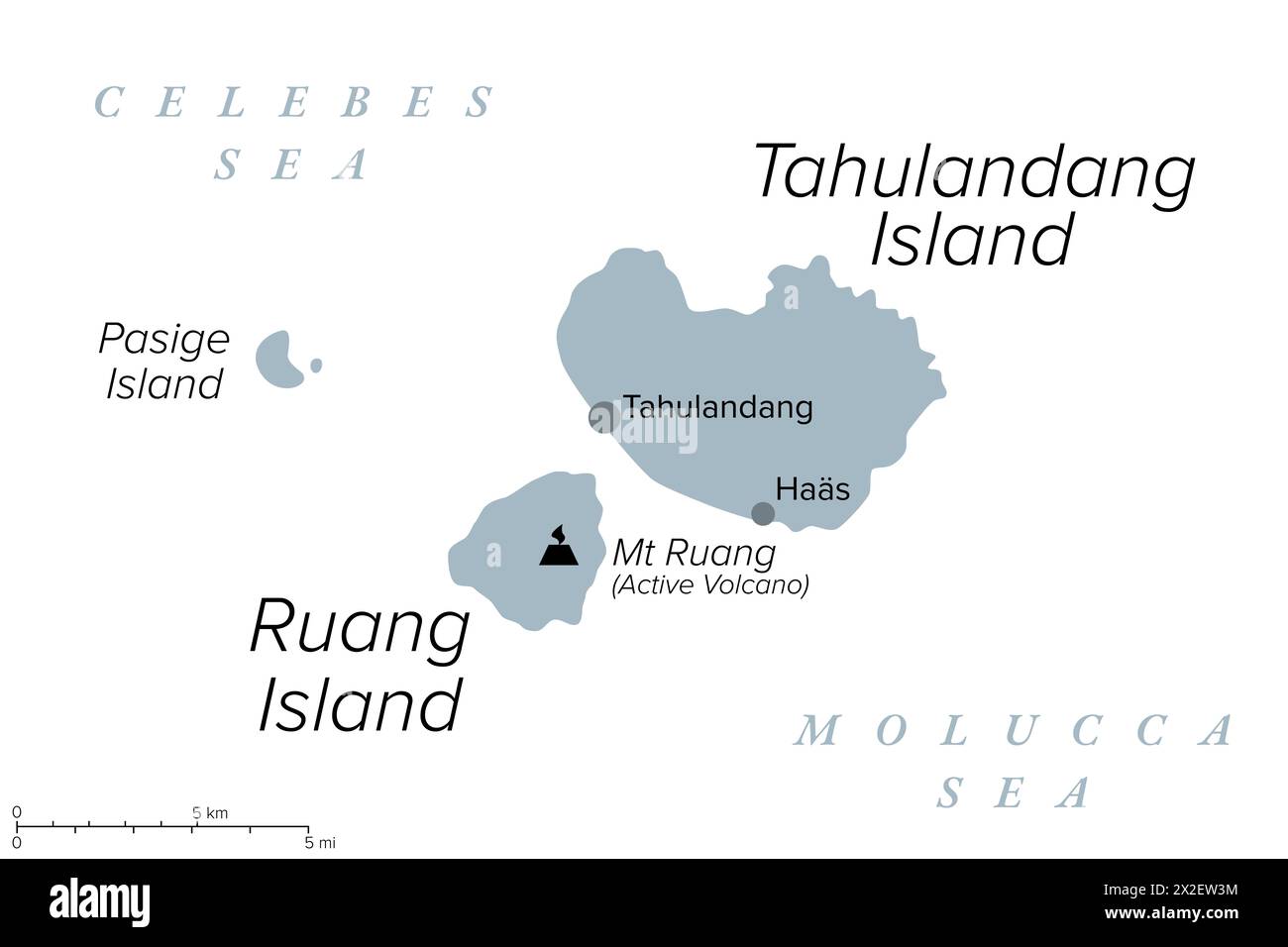 Ruang, an active Indonesian volcanic island, gray political map. Southernmost stratovolcano in the Sangihe Islands arc, North Sulawesi, Indonesia. Stock Photo