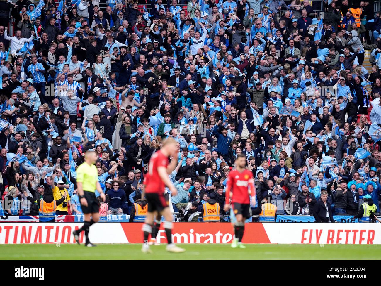 Coventry City fans in the stands show their support during the Emirates FA Cup semi-final match at Wembley Stadium, London. Picture date: Sunday April 21, 2024. Stock Photo