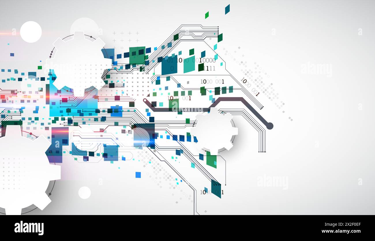 Abstract technological background with squares. The work is done on a gray background with glowing elements. Stock Vector