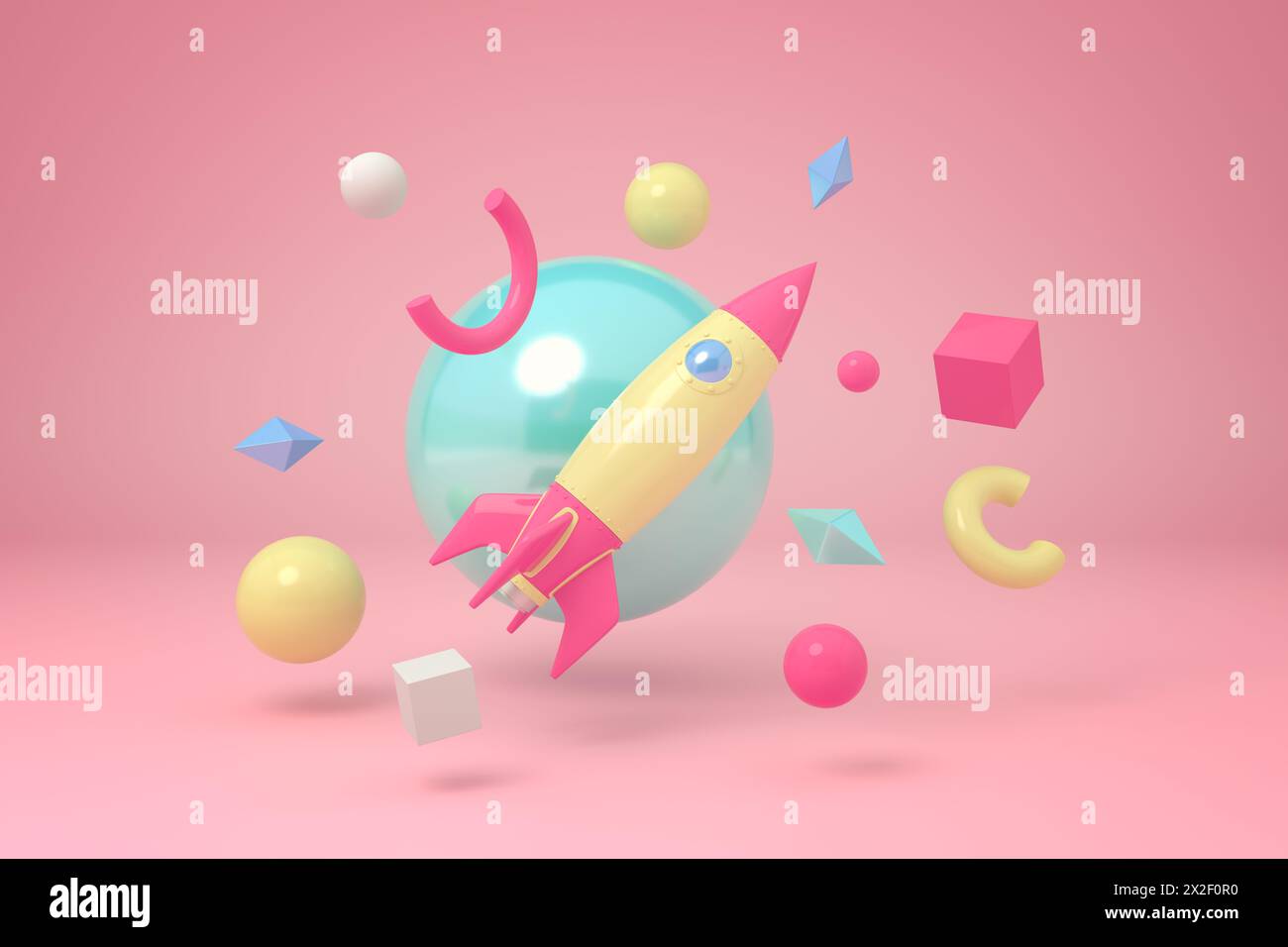 Rocket floating among shapes on pink Stock Photo - Alamy