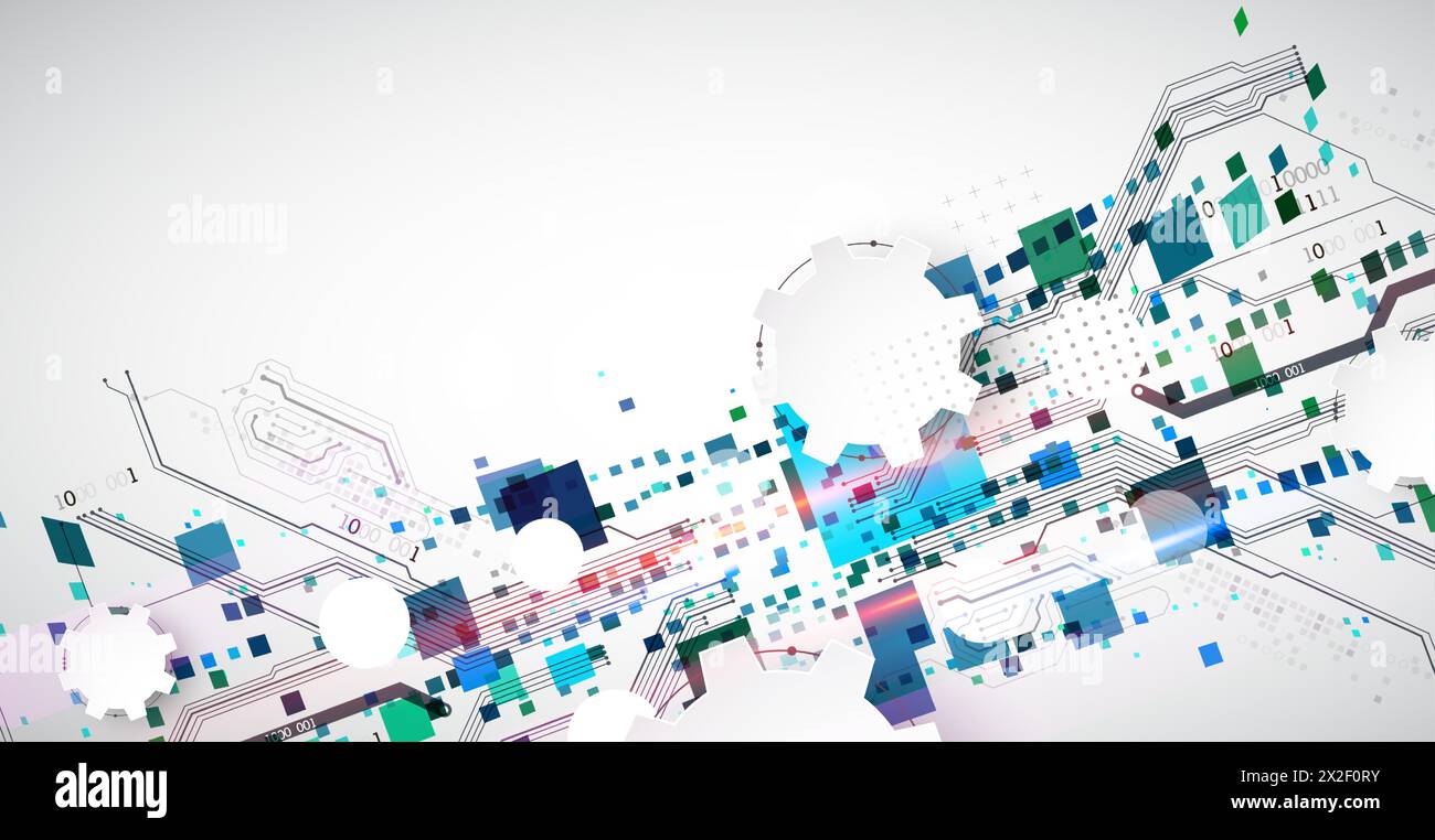 Abstract technological background with squares. The work is done on a gray background with glowing elements. Stock Vector