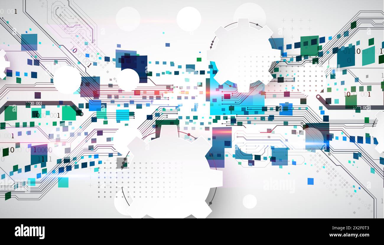 Abstract technological background with squares. The work is done on a gray background with glowing elements. Stock Vector