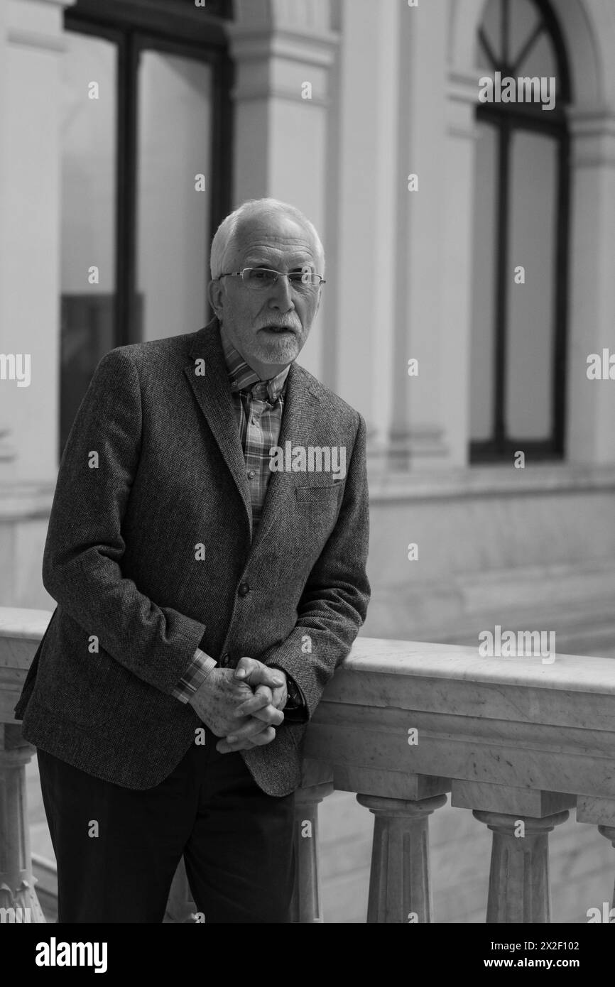 The writer and winner of the Cervantes Prize 2023, Luis Mateo Diez, during a meeting with the media at the National Library of Spain, on 22 April, 202 Stock Photo