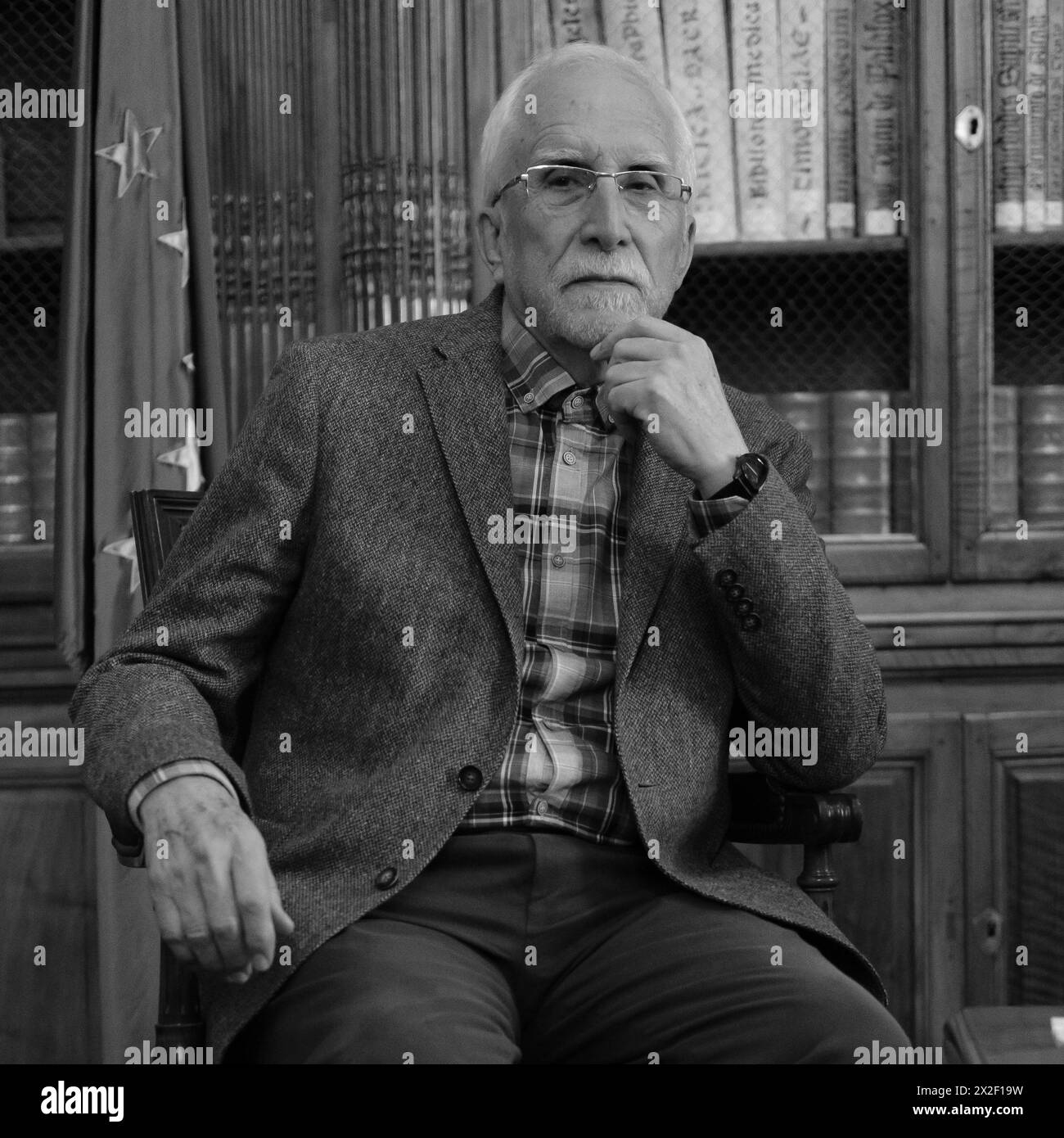 The writer and winner of the Cervantes Prize 2023, Luis Mateo Diez, during a meeting with the media at the National Library of Spain, on 22 April, 202 Stock Photo