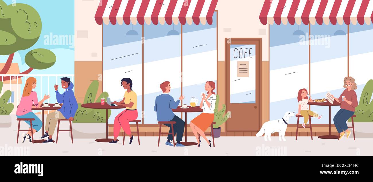 People restaurant patio. Couple eat restaurant food outdoor cafe backyard outside coffee shop, breakfast on summer terrace city cafeteria or street bar classy vector illustration of restaurant cafe Stock Vector