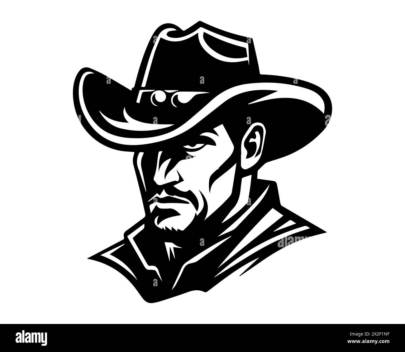 Black and white vector cowboy with a stern look. Hat-wearing bearded man in monochrome style. Isolated on white background. Concept of Wild West, trad Stock Vector