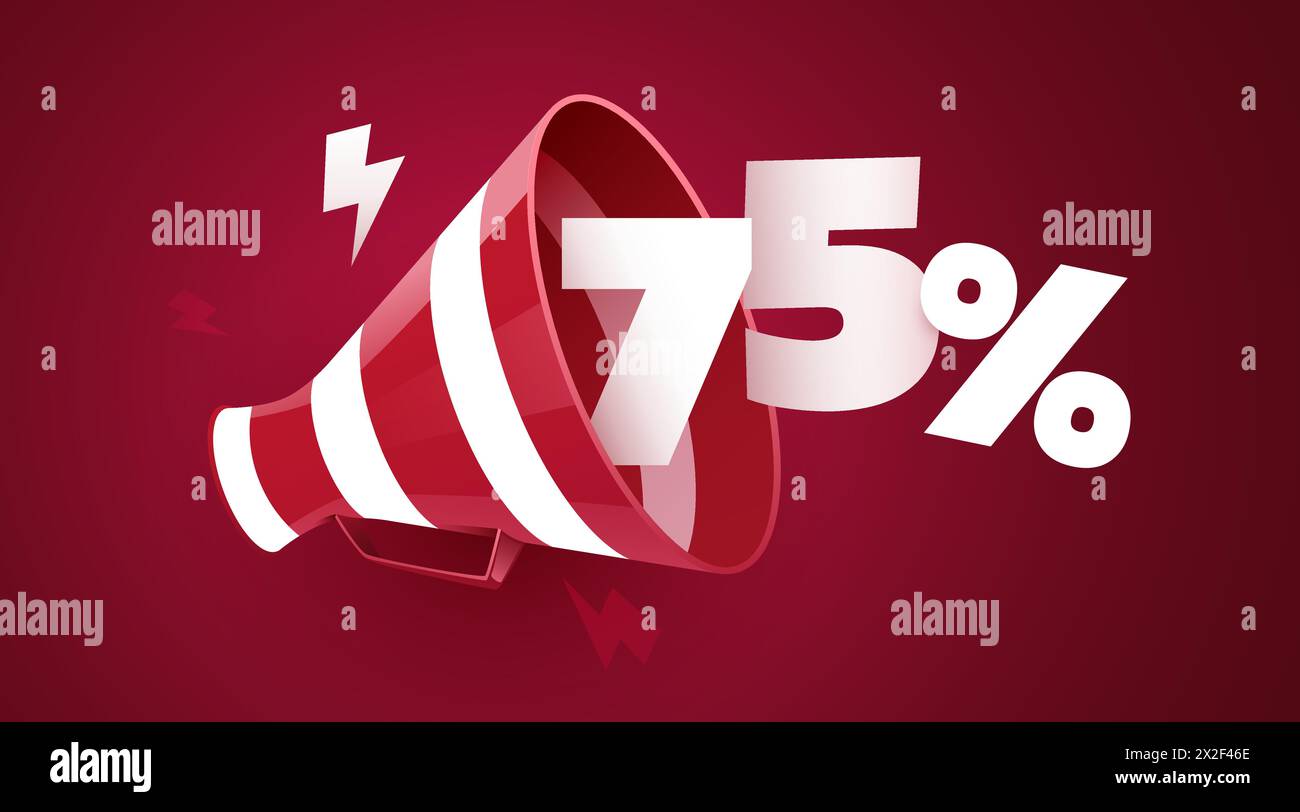 75 percent off. Sale banner with 3D megaphone. Vector illustration Stock Vector