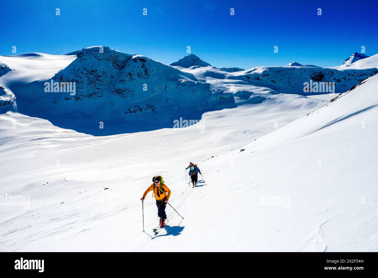 Randonee skiing (ski touring / ski mountaineering / alpine touring) in the Jotunheim / Jötunheim National Park, Norway Stock Photo