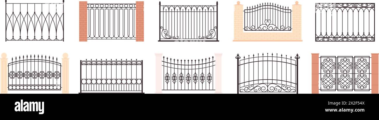 Decorative vintage fences. Ornamental metal gates and railings for balcony or terrace. Outdoor home and yard decor, racy vector collection Stock Vector