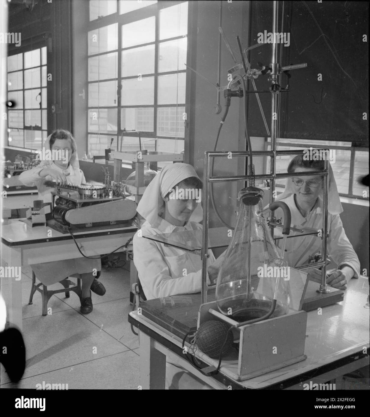 In 1943, laboratory staff in England worked on penicillin production. They diluted the liquid from flasks containing Penicillium mould, sterilised it, and filtered it through bacteria-proof filters to create a sterile solution. This was part of efforts to mass-produce penicillin during World War II. Stock Photo