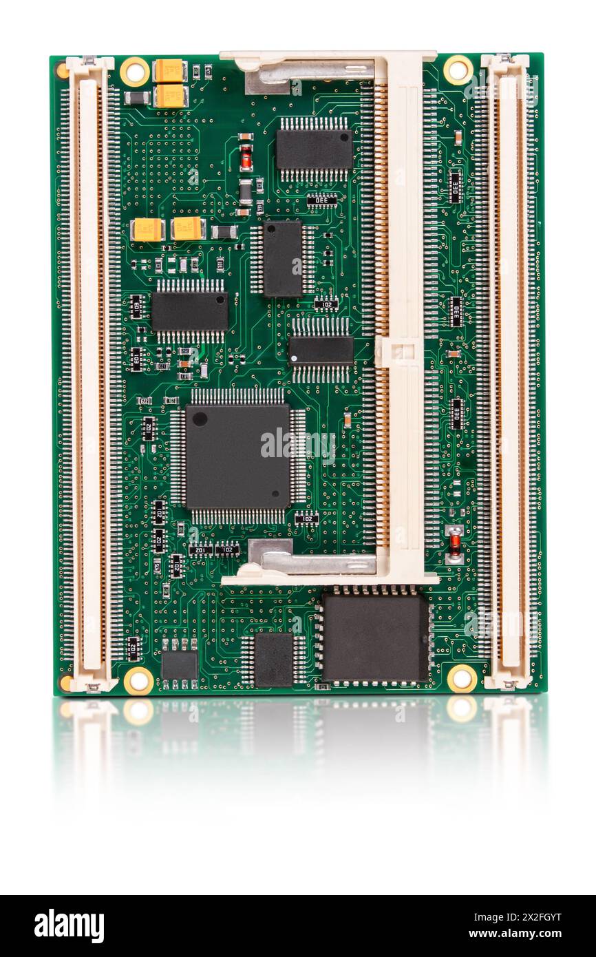 Close-up of an embedded CPU module with integrated chips and connectors ...