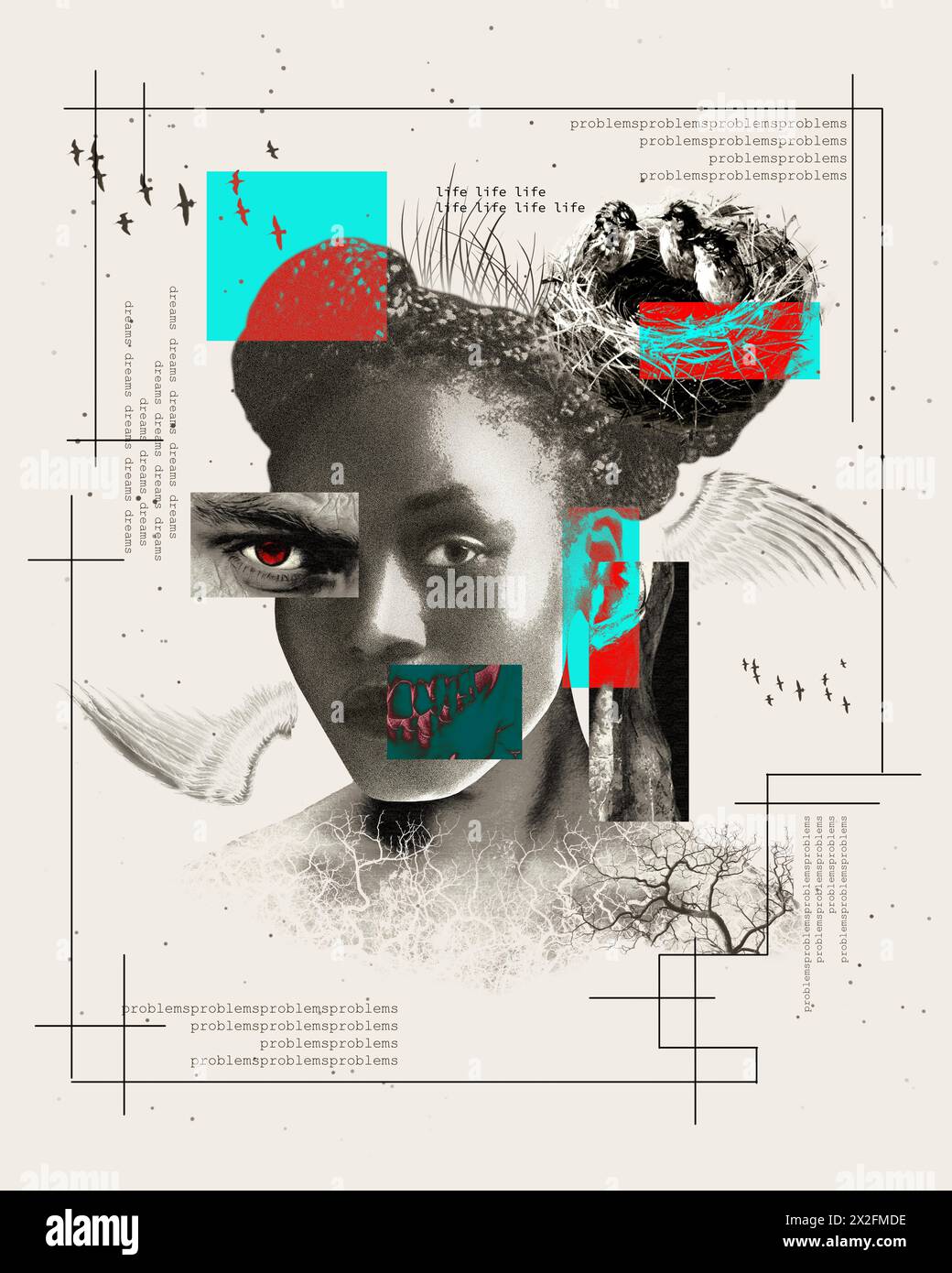 Surreal female portrait collage with phrases, a bird nest, and ...