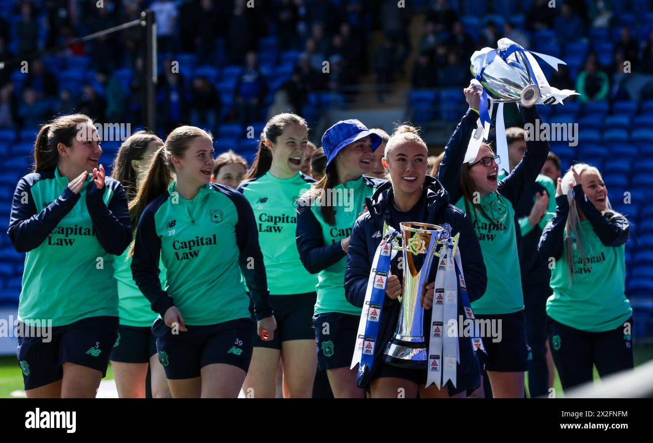 Cardiff City FC Women parade the Adran Premier title before the game during the Sky Bet Championship match at the Cardiff City Stadium, Wales. Picture date: Saturday April 20, 2024. Stock Photo