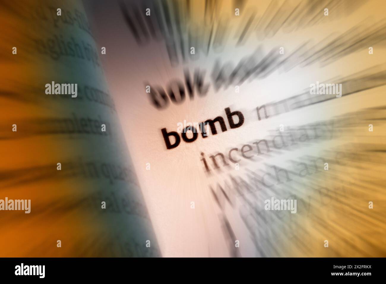 Bomb - Dictionary Definition:  a container filled with explosive, incendiary material, smoke, gas, or other destructive substance, designed to explode Stock Photo