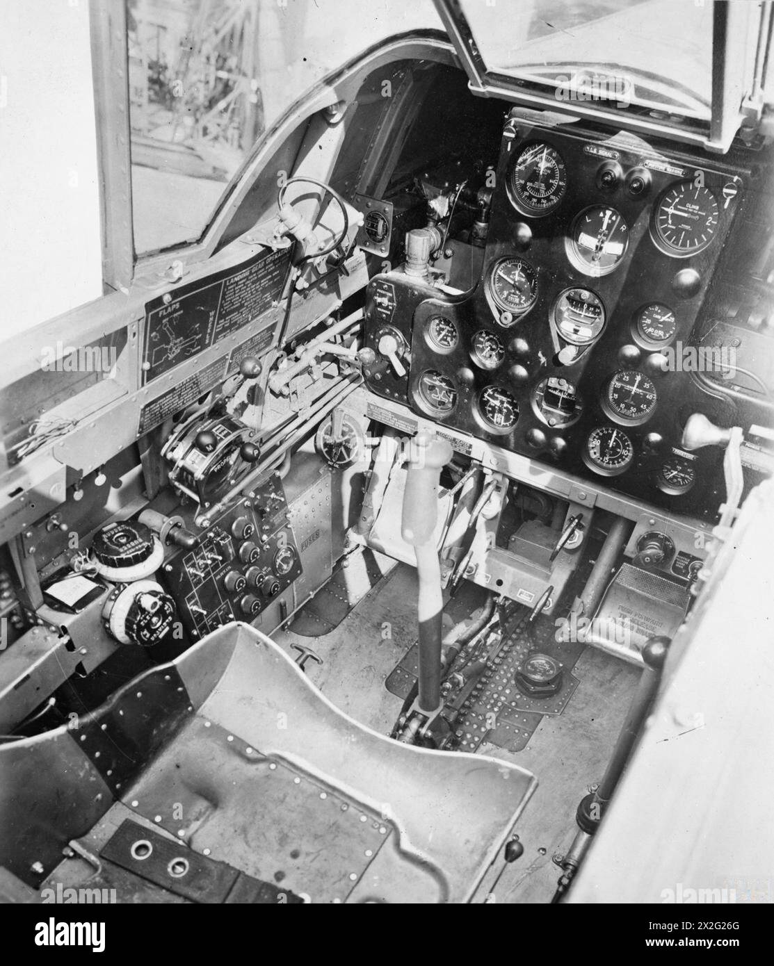 AMERICAN AIRCRAFT IN RAF SERVICE 1939-1945: CURTISS HAWK 81A TOMAHAWK. - Tomahawk Mark IIB, AK184: cockpit interior, port side. Photograph taken at Air Service Training Ltd, Hamble Hampshire Stock Photo