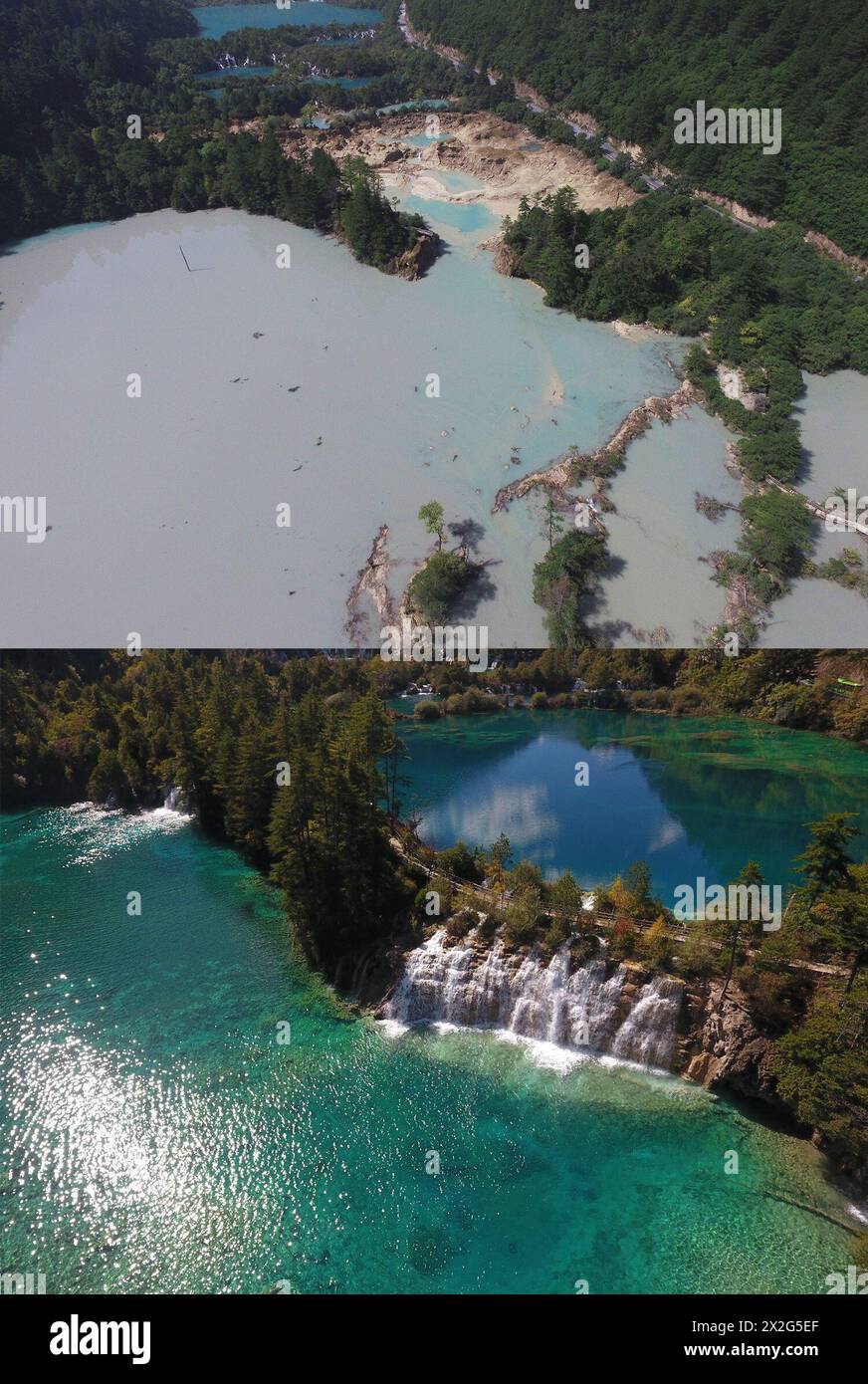 (240422) -- CHENGDU, April 22, 2024 (Xinhua) -- This combo file photo shows a view of the Jiuzhaigou scenic area of southwest China's Sichuan Province before (above, photo taken in 2018) and after (photo taken in 2023) restoration. Jiuzhaigou National Park, a UNESCO World Heritage site famous for its spectacular waterfalls, lush forests and serene plateau lakes, was hit by a 7.0-magnitude quake on Aug. 8, 2017. After the earthquake, a team led by professor Pei Xiangjun from Chengdu University of Technology carried out protection and restoration work of the natural heritage site. After year Stock Photo