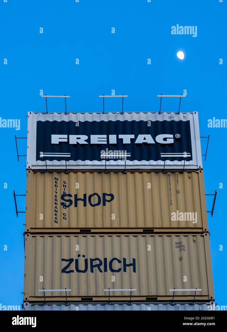 Zurich, Switzerland March 3, 2024 The store and container tower of the Freitag company making