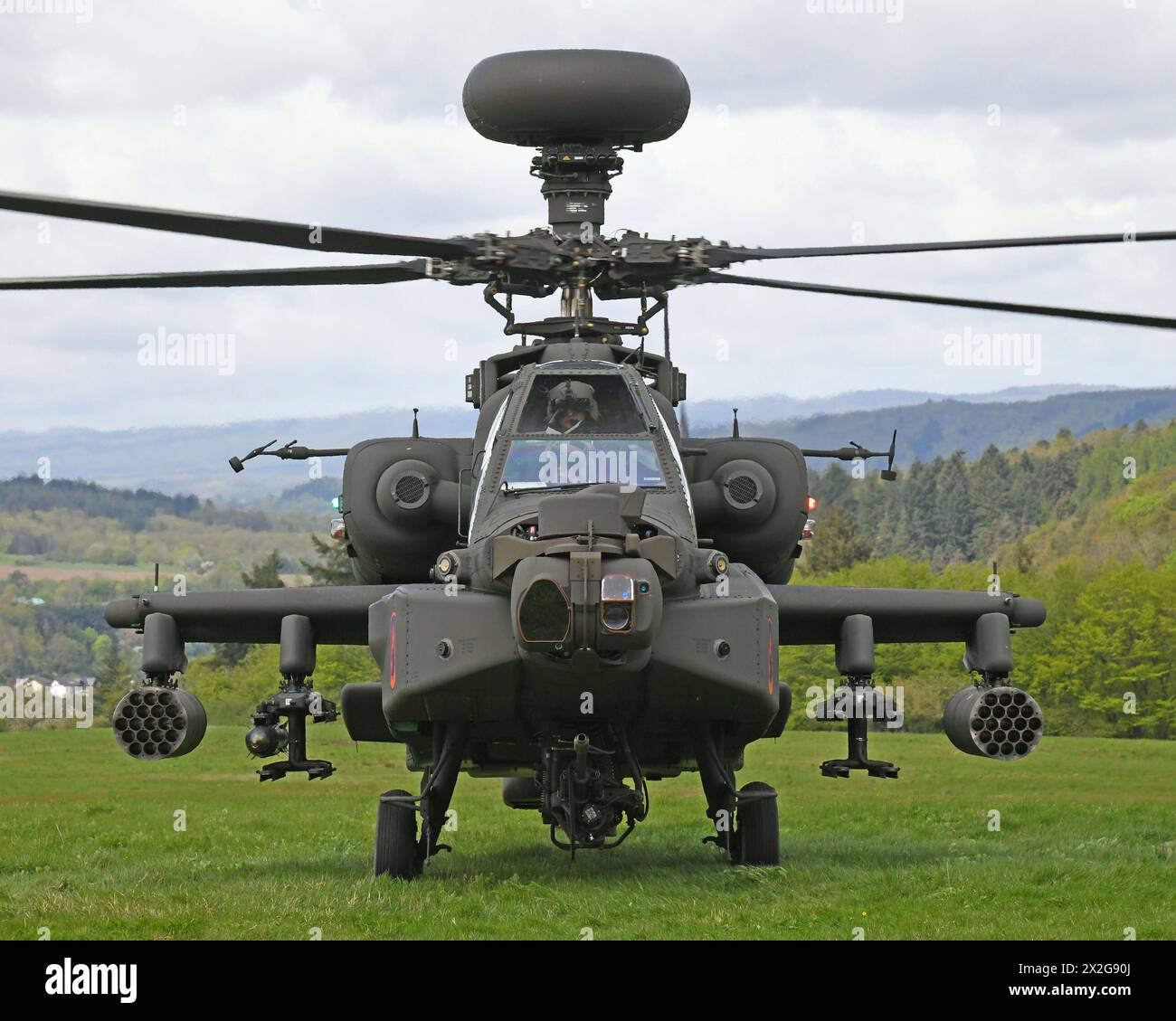 Baumholder, Germany. 17 April, 2024. U.S Army AH-64E Apache attack helicopter with the 1st Battalion, 3rd Aviation Regiment prepares to take off from a temporary Airfield on the Baumholder Maneuver Training Area, April 17, 2024, in Baumholder, Germany.  Credit: Ruediger Hess/US Army Photo/Alamy Live News Stock Photo