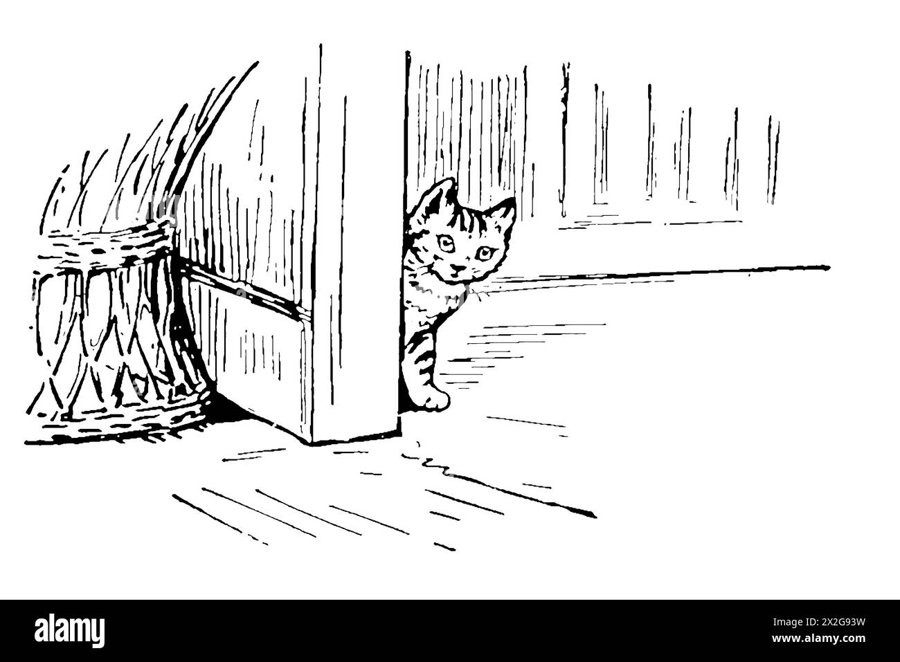 Black and white outline sketch of a cat peeking out from behind a door Stock Photo