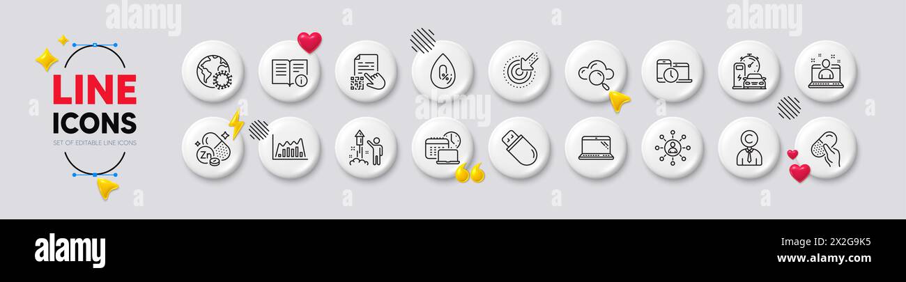 Qr code, Technical info and Coronavirus line icons. For web app, printing. White buttons 3d icons. Vector Stock Vector