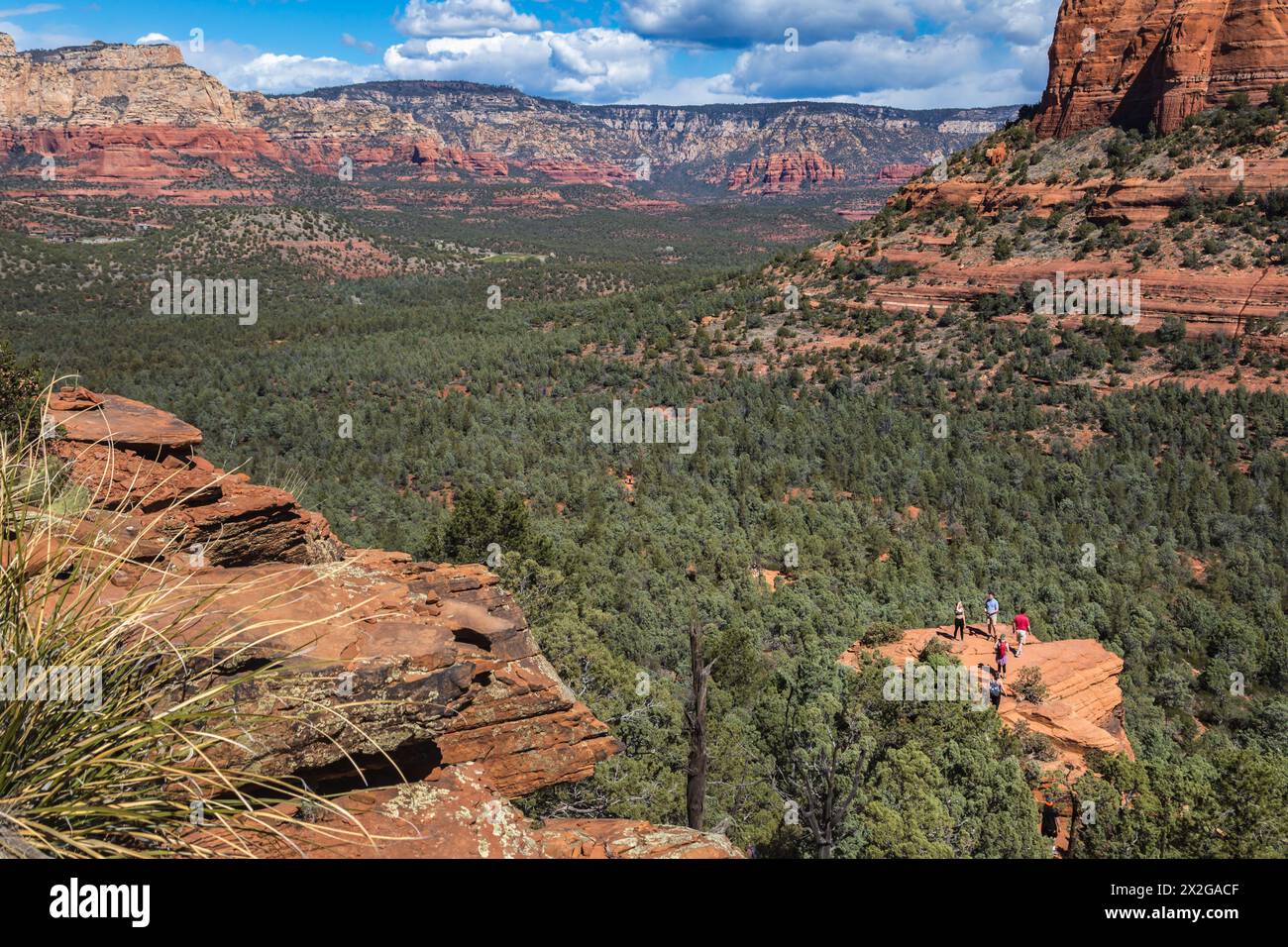 Hikers climb to the top of a red rock sandstone formation along the Devil's Bridge Trail in Sedona, Arizona Stock Photo