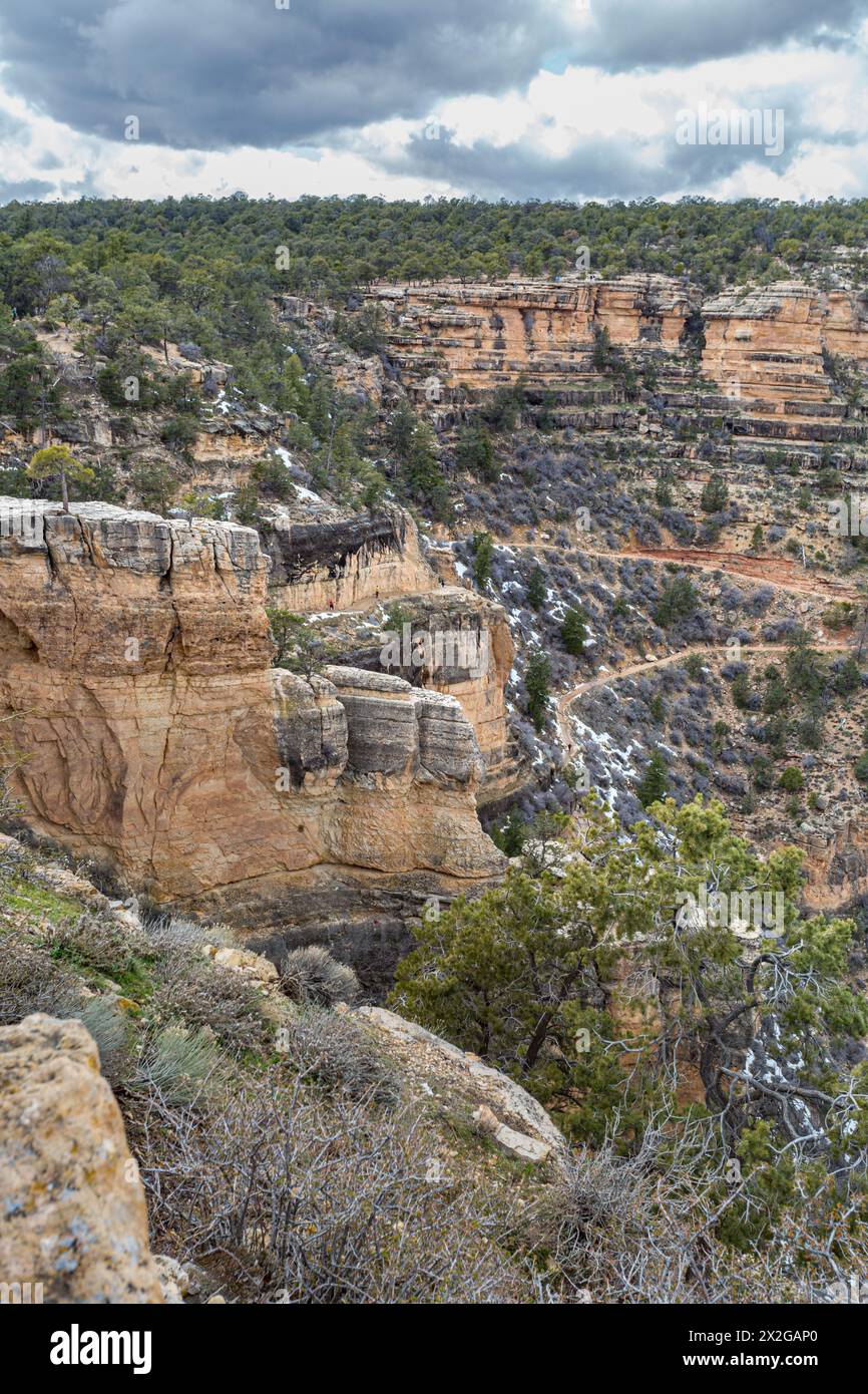 Bright Angel trail descends into the South Rim of Grand Canyon National Park in Arizona Stock Photo