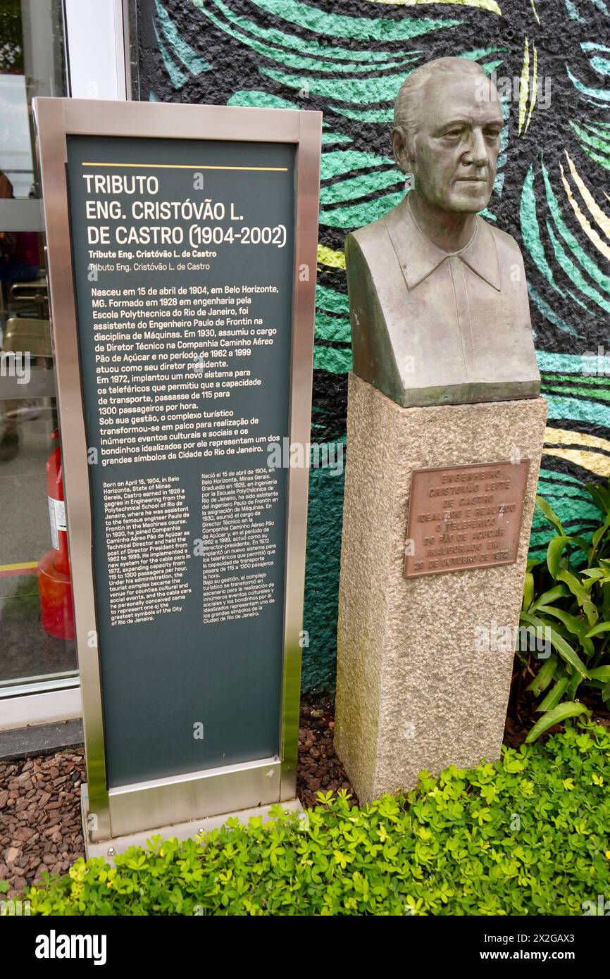 Statue of Engineer Cristovao L De Castro (1904-2002) on Sugarloaf Mountain Cable car Station. Stock Photo
