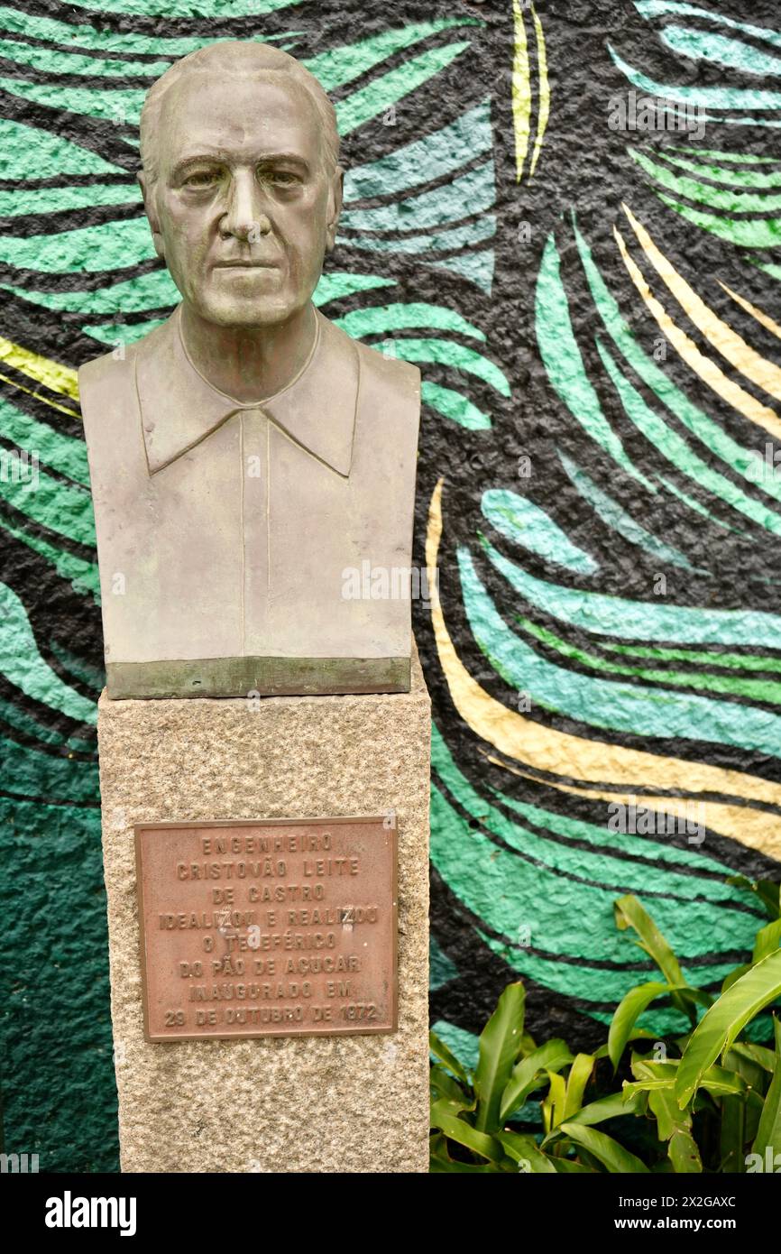 Statue of Engineer Cristovao L De Castro (1904-2002) on Sugarloaf Mountain Cable car Station. Stock Photo