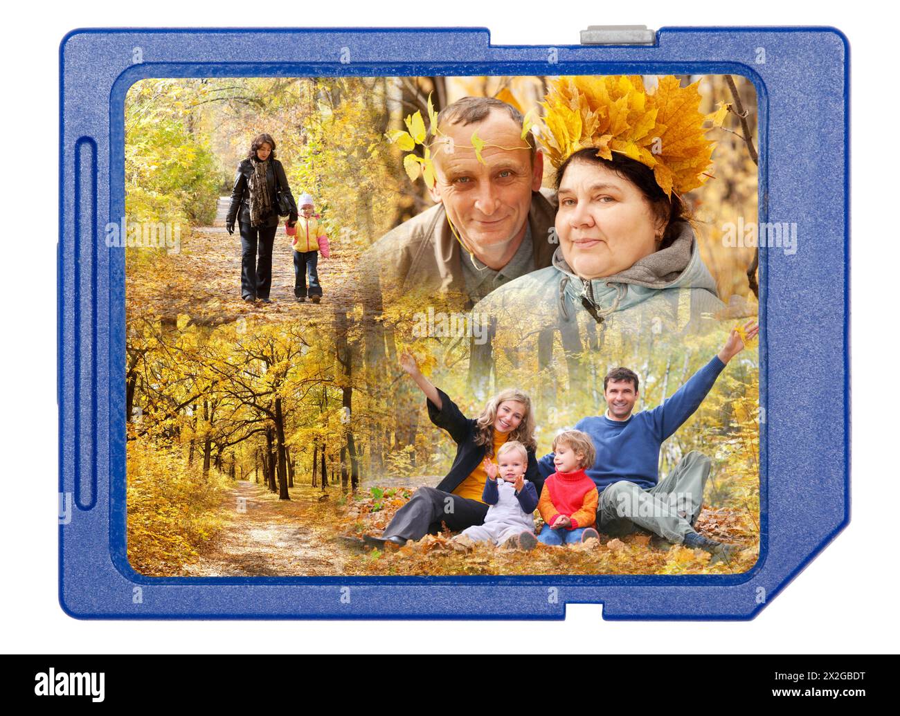 family in autumn wood on blue SD memory card frame collage isolated on ...