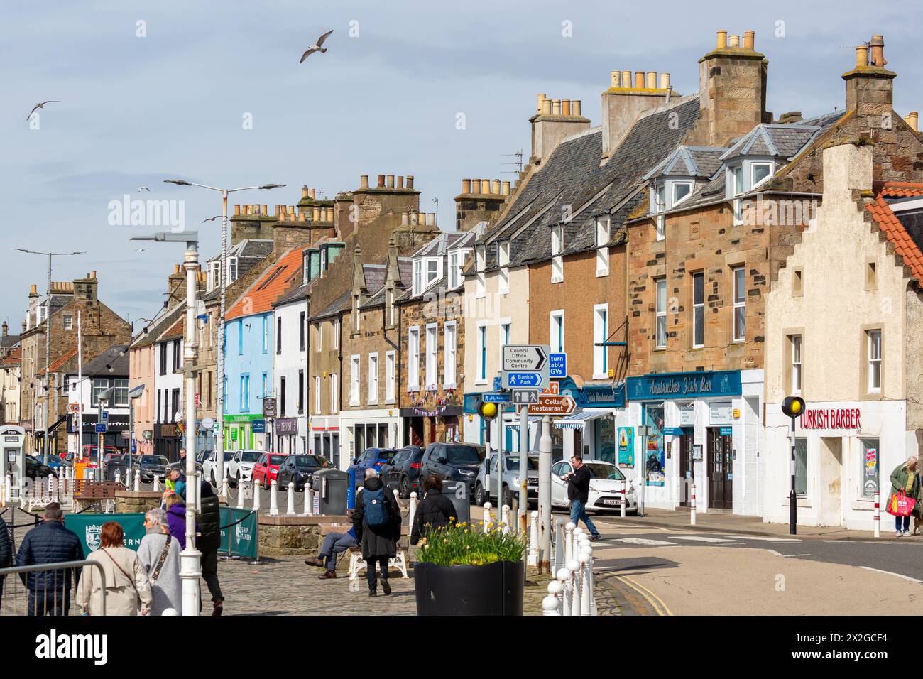 Anstruther high street on a sunny Spring day. Stock Photo