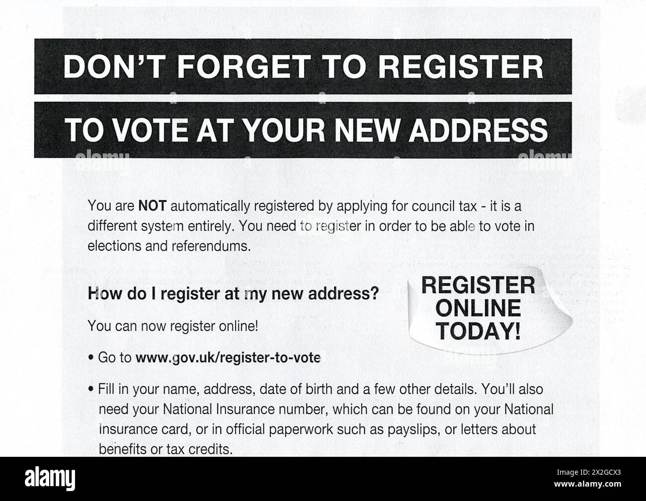 British Government leaflet reminding people to register to vote in National and Local elections at their new address. Stock Photo