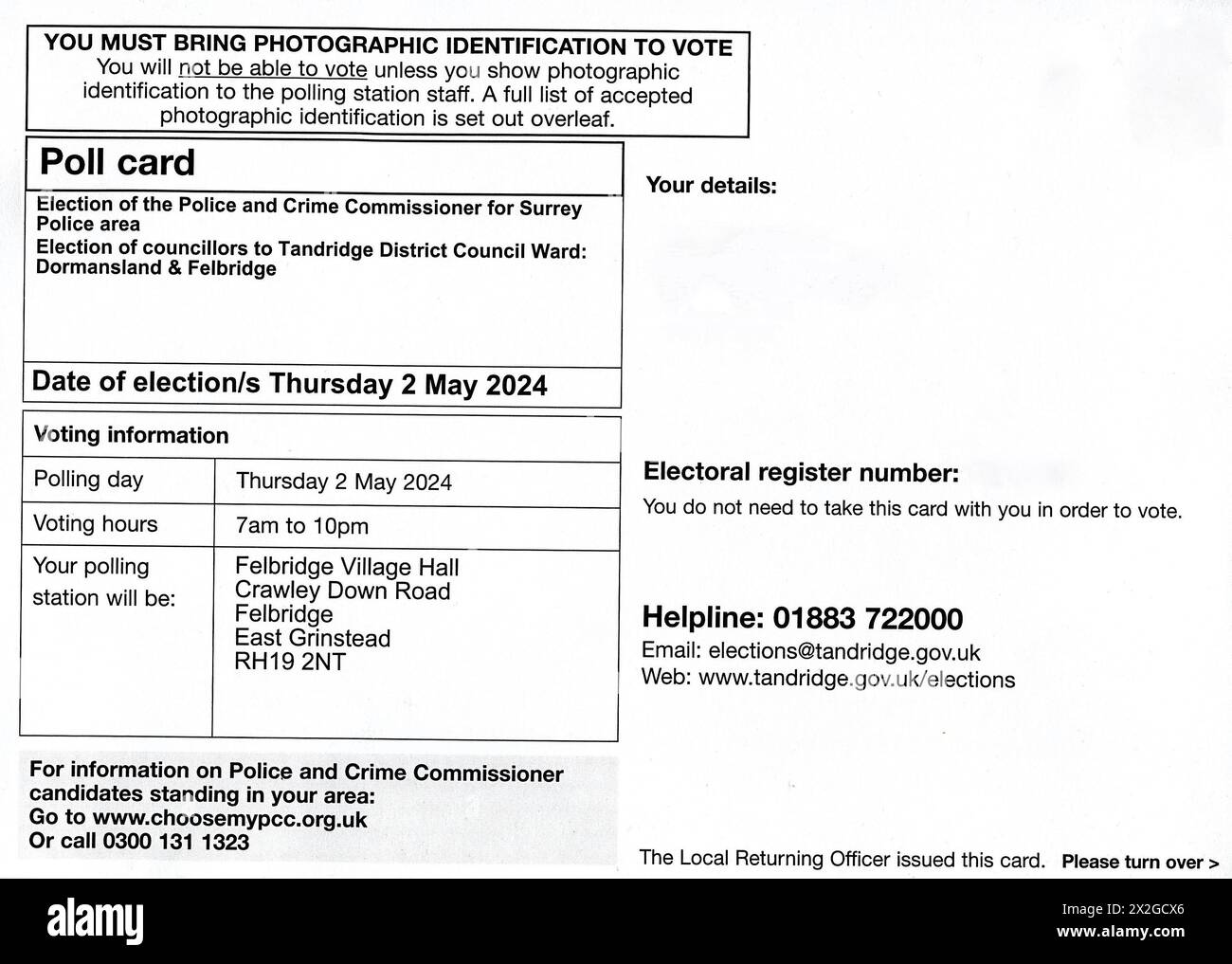 Poll card for British local Government elections to be held on May 2, 2024. Card shown is for the Police and Crime Commissioner for Surrey and for the Dormansland and Felbridge ward for Tandridge District Council. Stock Photo