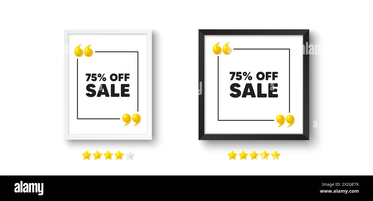 Sale 75 percent off discount. Promotion price offer sign. Photo frame with 3d quotation icon. Vector Stock Vector