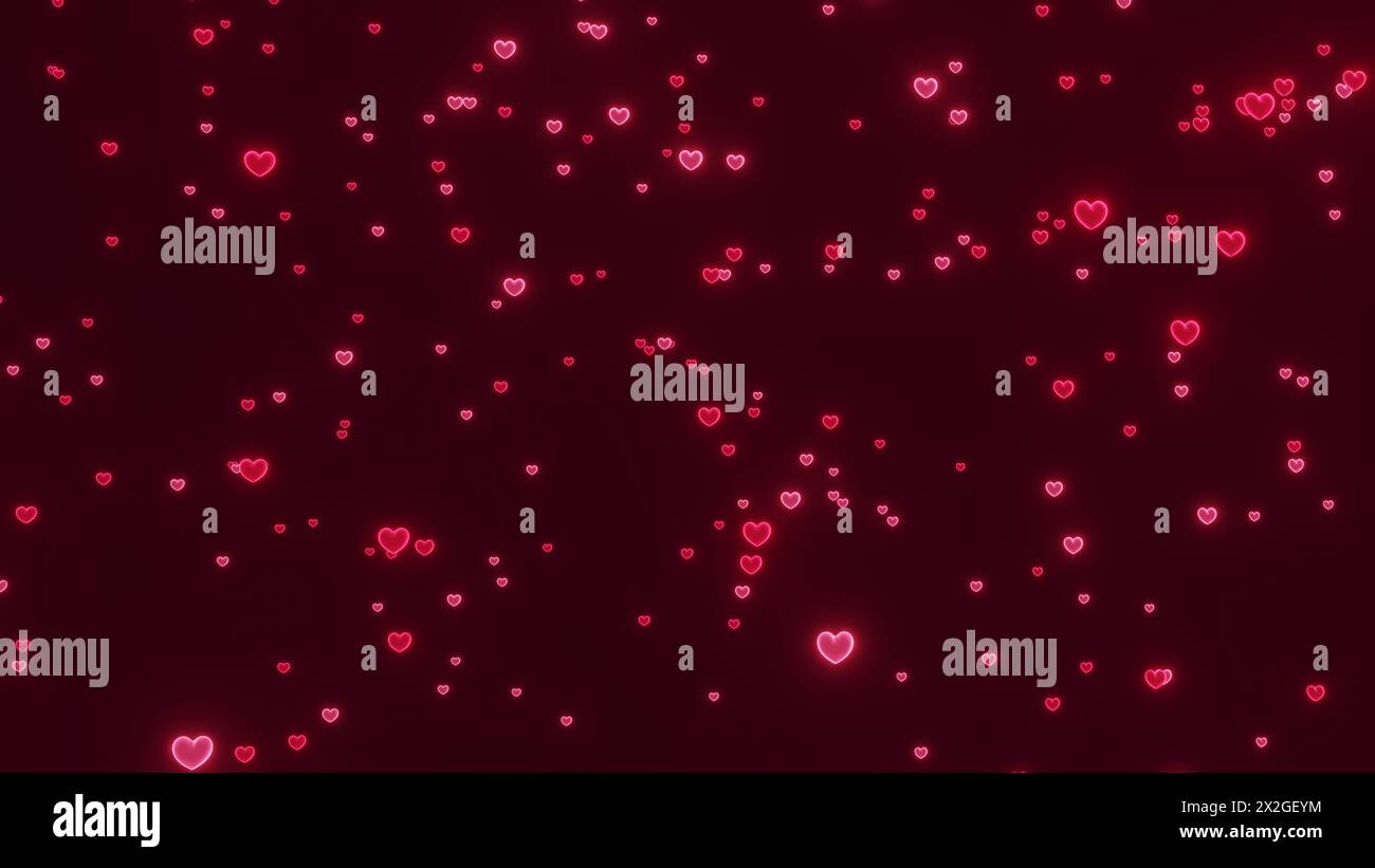Neon red and pink hearts on dark red background 8k illustration. Love ...