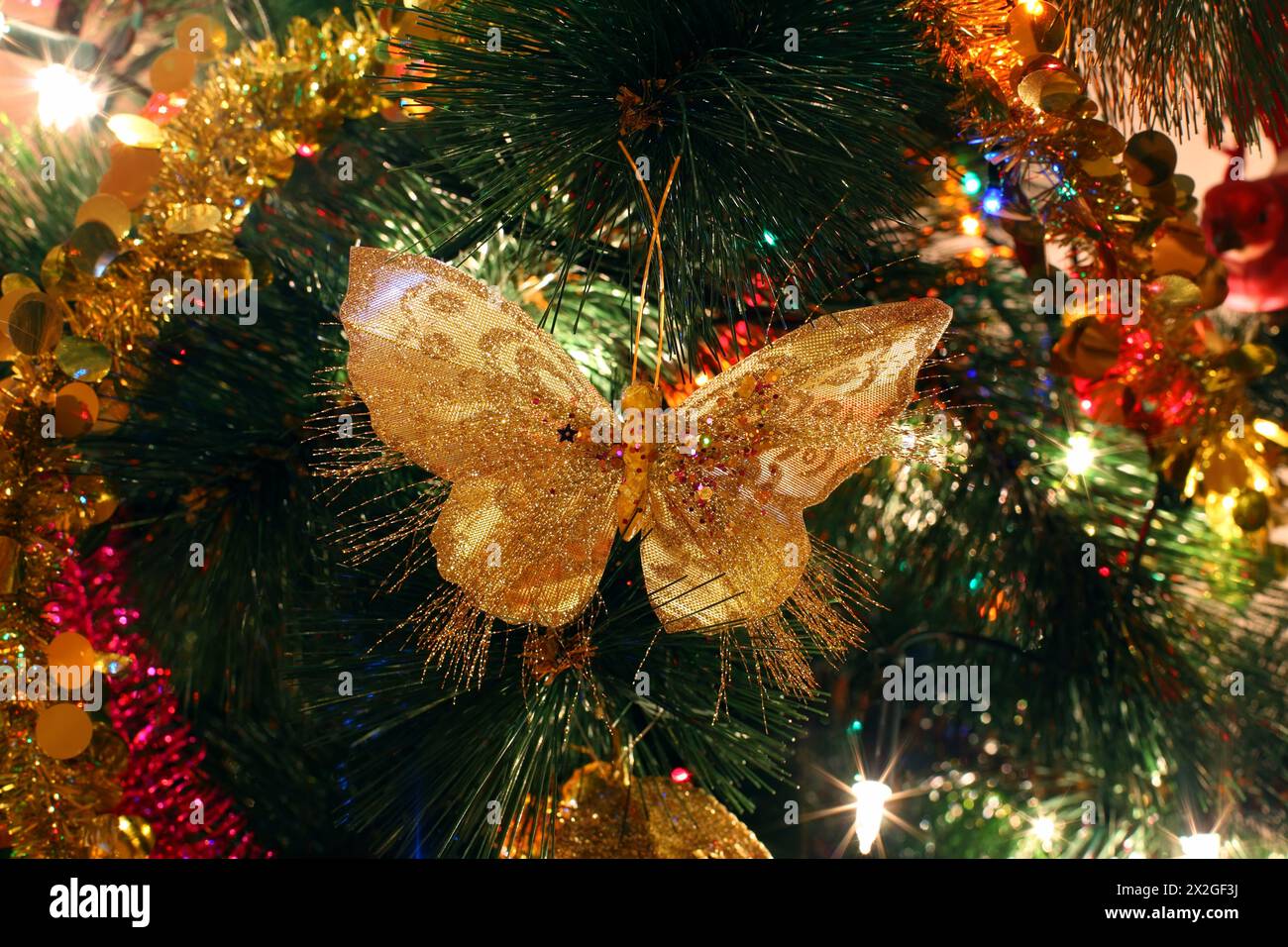 Christmas tree ornaments, bright shiny butterfly, illuminations Stock Photo