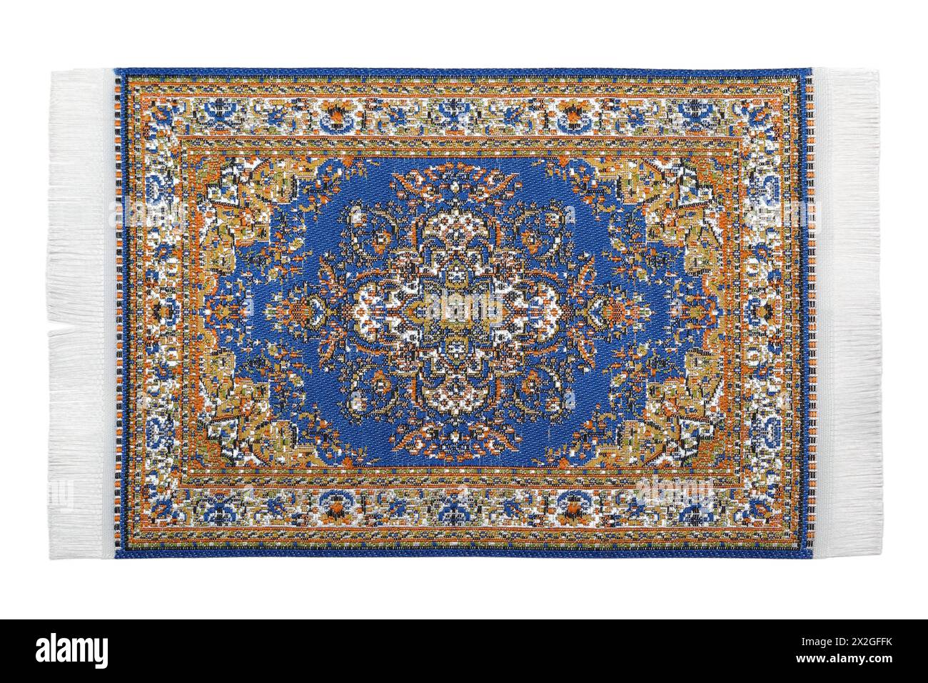 Rectangular turkish carpet horizontally lies on  white background Stock Photo