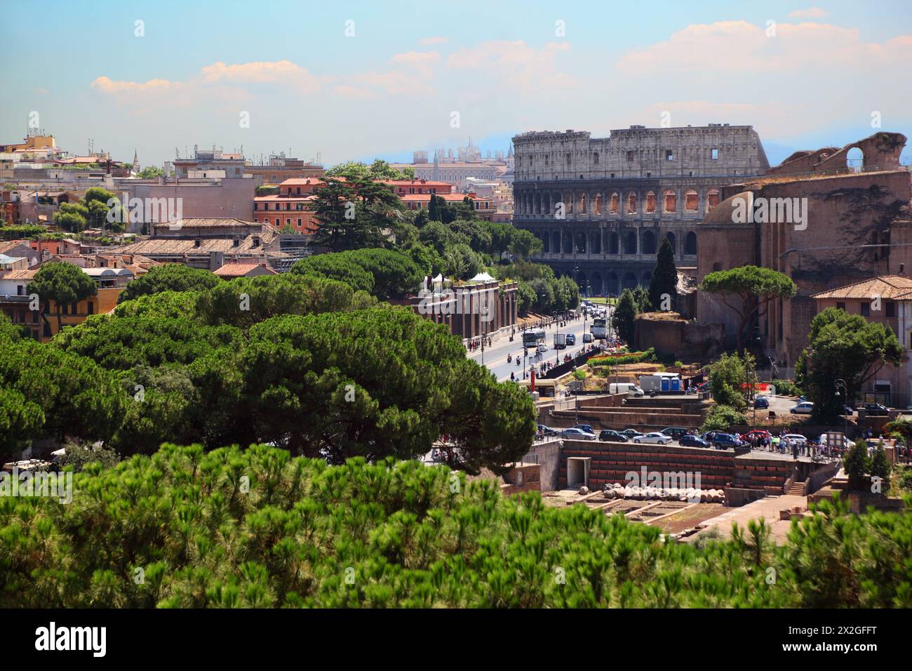 Catholic. Building Rome Color panoramic view Rome, Colosseum, catholic basilics and streets and ...